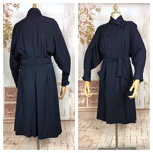 Fabulous Original 1940s Vintage Navy Blue Double Breasted Belted Fit And Flare Coat With Back Belt