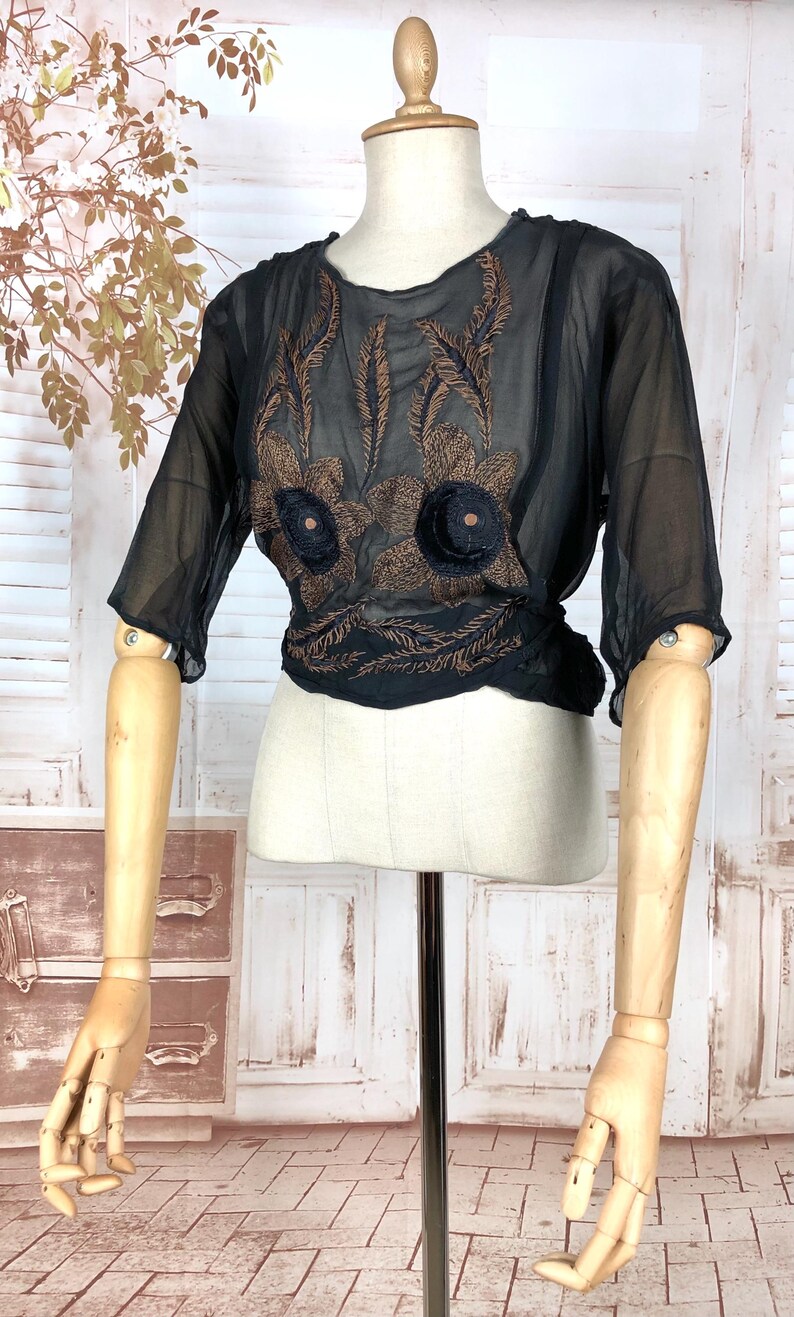 May include: Black sheer blouse with brown floral embroidery. The blouse features short sleeves and a gathered waist. The embroidery is concentrated on the bodice, creating a decorative focal point. The blouse is displayed on a mannequin.