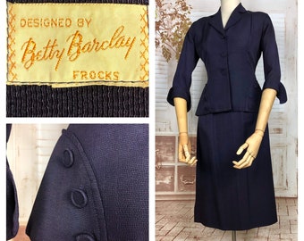 Fabulous Original 1940s Vintage Ultraviolet Purple Navy Skirt Suit With Button Details By Betty Barclay