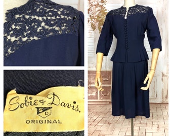 Incredible Original 1930s Vintage Navy Blue Lace Skirt Suit By Sobie & Davis