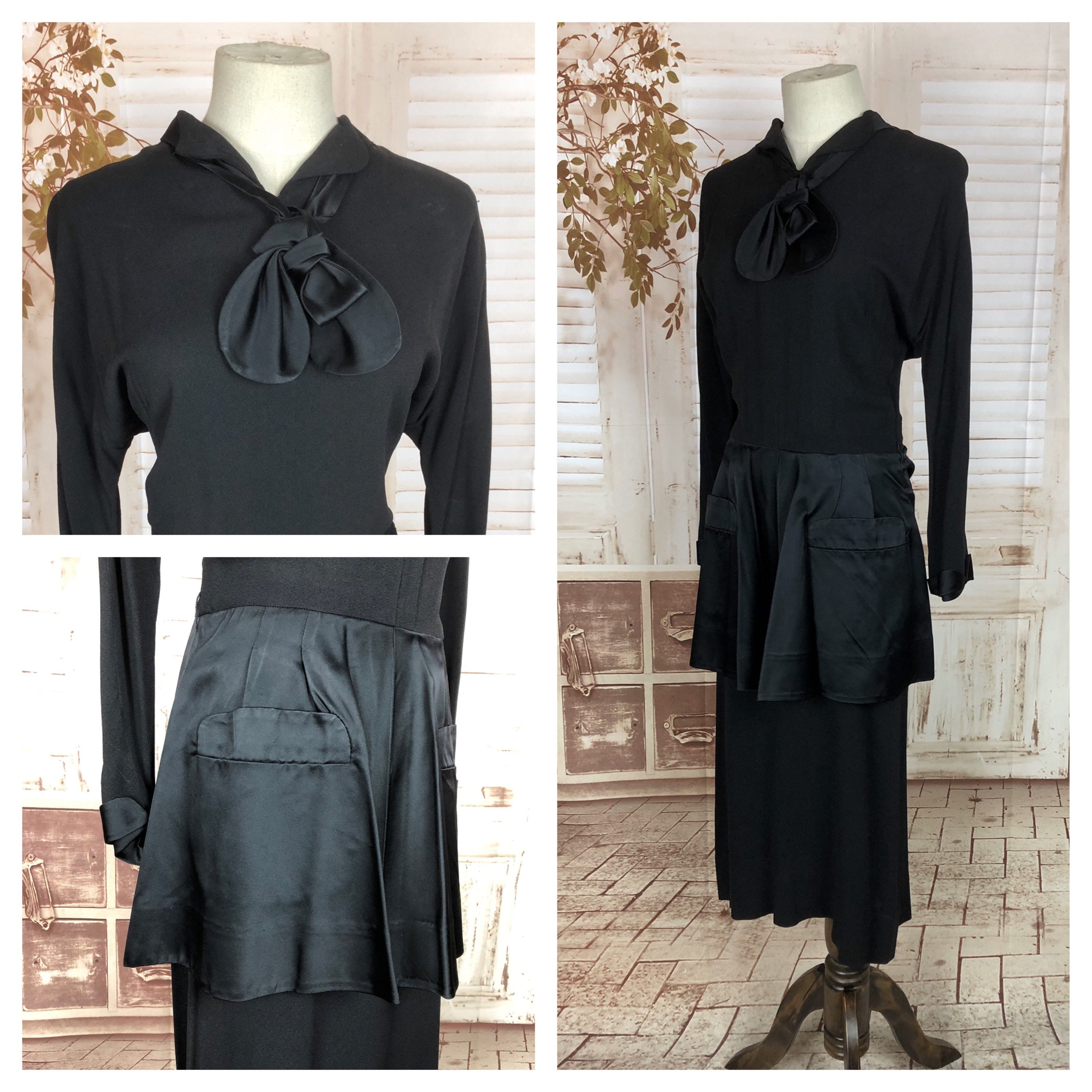 Original 1940s 40s Vintage Black and Satin Day Dress - Etsy