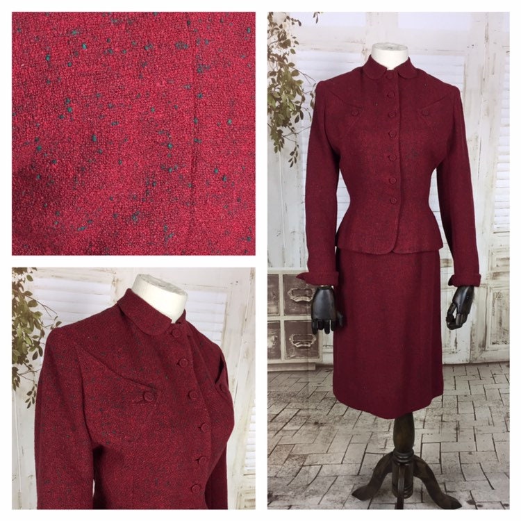 Image of Original S S Vintage Red & Emerald Green Fleck Wool Skirt Suit