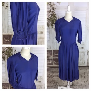 Original 1930S Rayon Crepe Vintage Azul Día Vestido