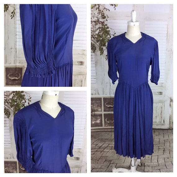 Original 1930s Rayon Crepe Vintage Blue Day Dress