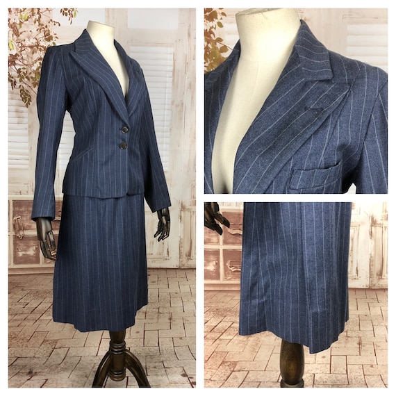 Original 1930s 30s Vintage Blue Pinstripe Wool Sui