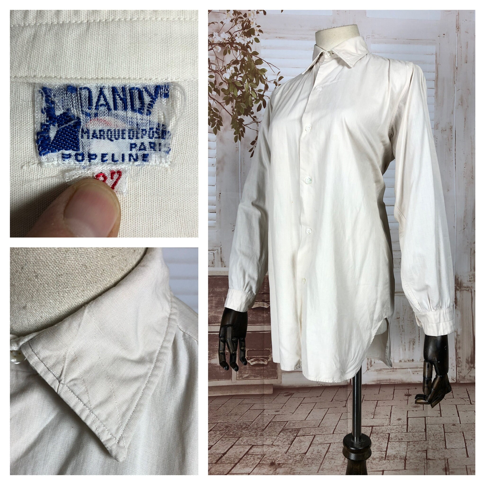 Original 1940s 40s Vintage French White Poplin Men
