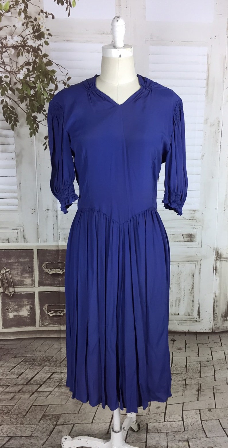 Original 1930s Rayon Crepe Vintage Blue Day Dress image 2