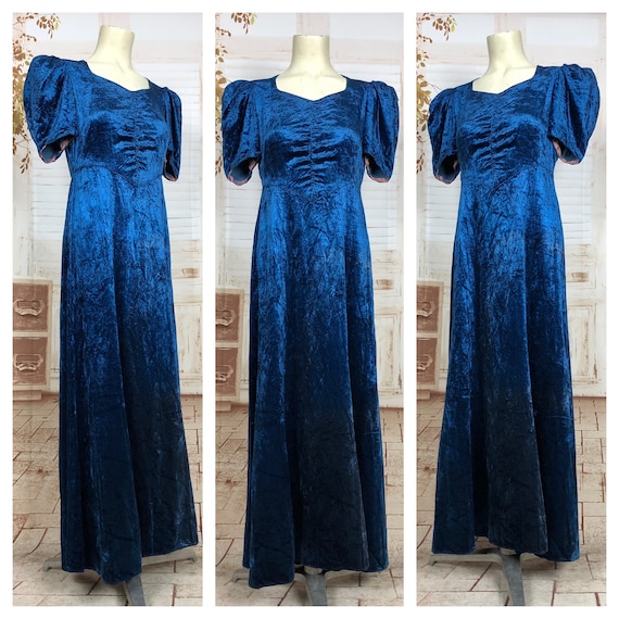Beautiful Original 1930s Vintage Rich Electric Blue Silk Velvet Evening Dress With Puff Sleeves Beautiful Original 1930s Vintage Rich Electric Blue Silk Velvet Evening Dress With Puff Sleeves