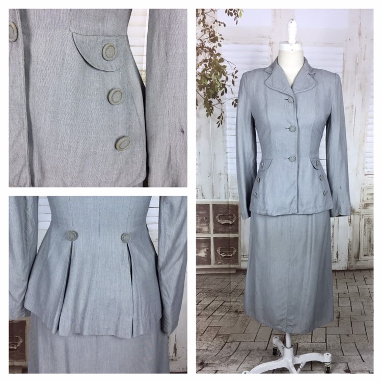 Original 1940s 40s Vintage Light Blue Grey Cotton Skirt Suit