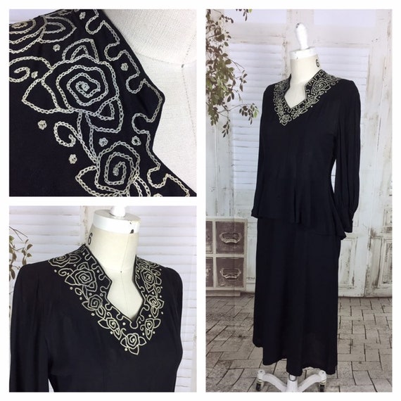 Original 1940s Vintage Black Crepe Skirt Suit Whit