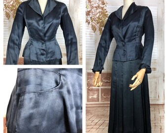 Incredible Late 1930s Vintage Sumptuous Navy Blue Satin Skirt Suit