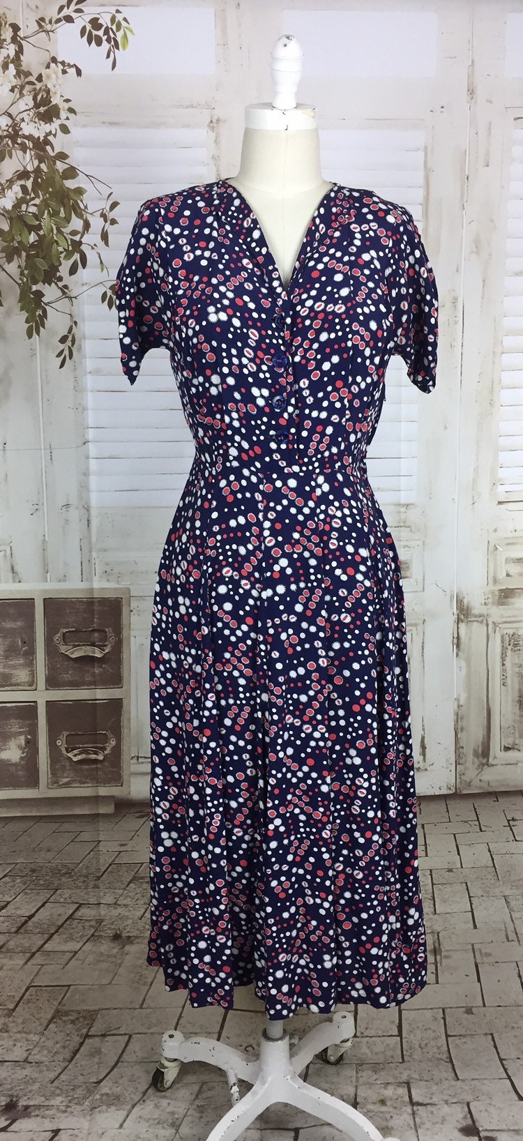 Original 1940s Vintage Navy Blue Red And White Rayon Novelty | Etsy