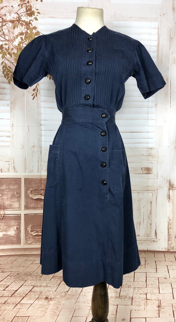 チュニック LINEN DENIM VINTAGE  DRESS TUNIC Super Rare Original 1930s Vintage Navy Blue Denim Sportswear Dress
