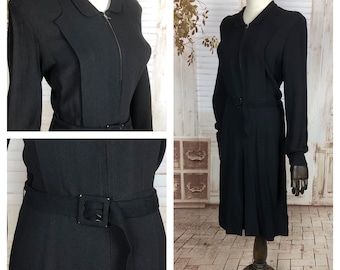 Originele jaren 1940 40Vintage Black Crêpe Zip Front Day Dress