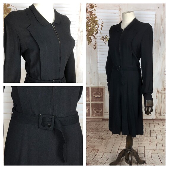 Original 1940s 40s Vintage Black Crepe Zip Front D