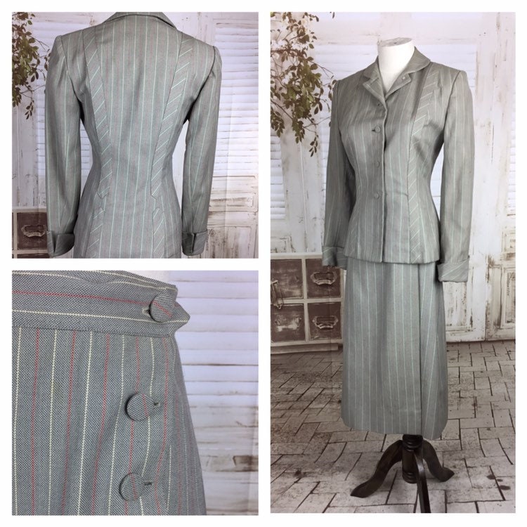 Image of Original S S Vintage Grey Gray Wool Skirt Suit With Red Pinstripe Stripes
