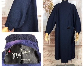 Stunning Original 1930s Vintage Navy Blue Asymmetric Boucle Coat With Bishop Sleeves