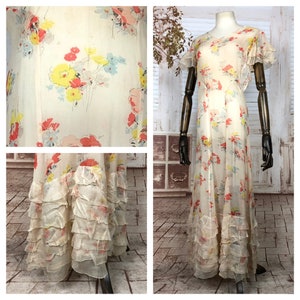 Breathtaking Original 1930s 30s Vintage Full Length Floral Print Garden Party Lawn Dress With Ruffle Detail
