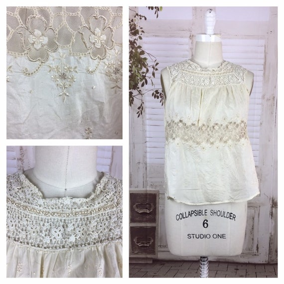 Original 1920s Vintage Silk And Lace Blouse With E