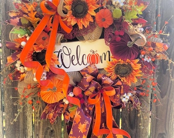 Fall Welcome Wreath: Velvet Pumpkins, Sunflowers, Berries