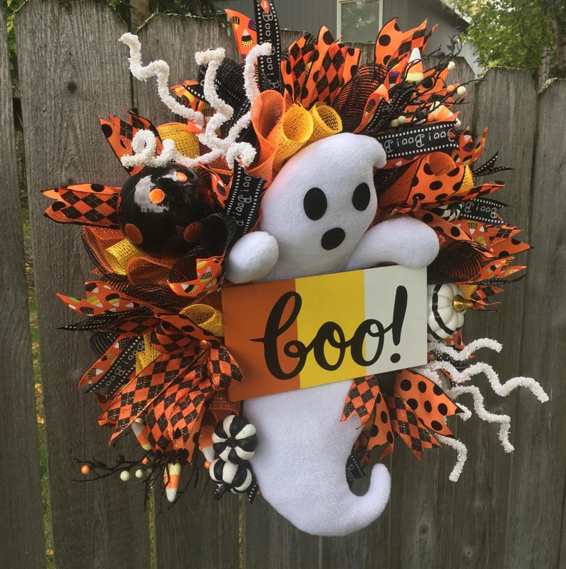 Orange and Black Halloween Ghost Halloween Wreath Halloween Wreath Pumpkin Halloween Plush Ghost Wreath Boo Wreath Candy Corn Wreath