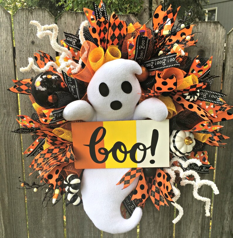 Orange and Black Halloween Ghost Halloween Wreath Halloween Wreath Pumpkin Halloween Plush Ghost Wreath Boo Wreath Candy Corn Wreath