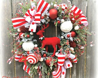 Red Deer Christmas Wreath: Flocked Pine, Glam Lodge Decor