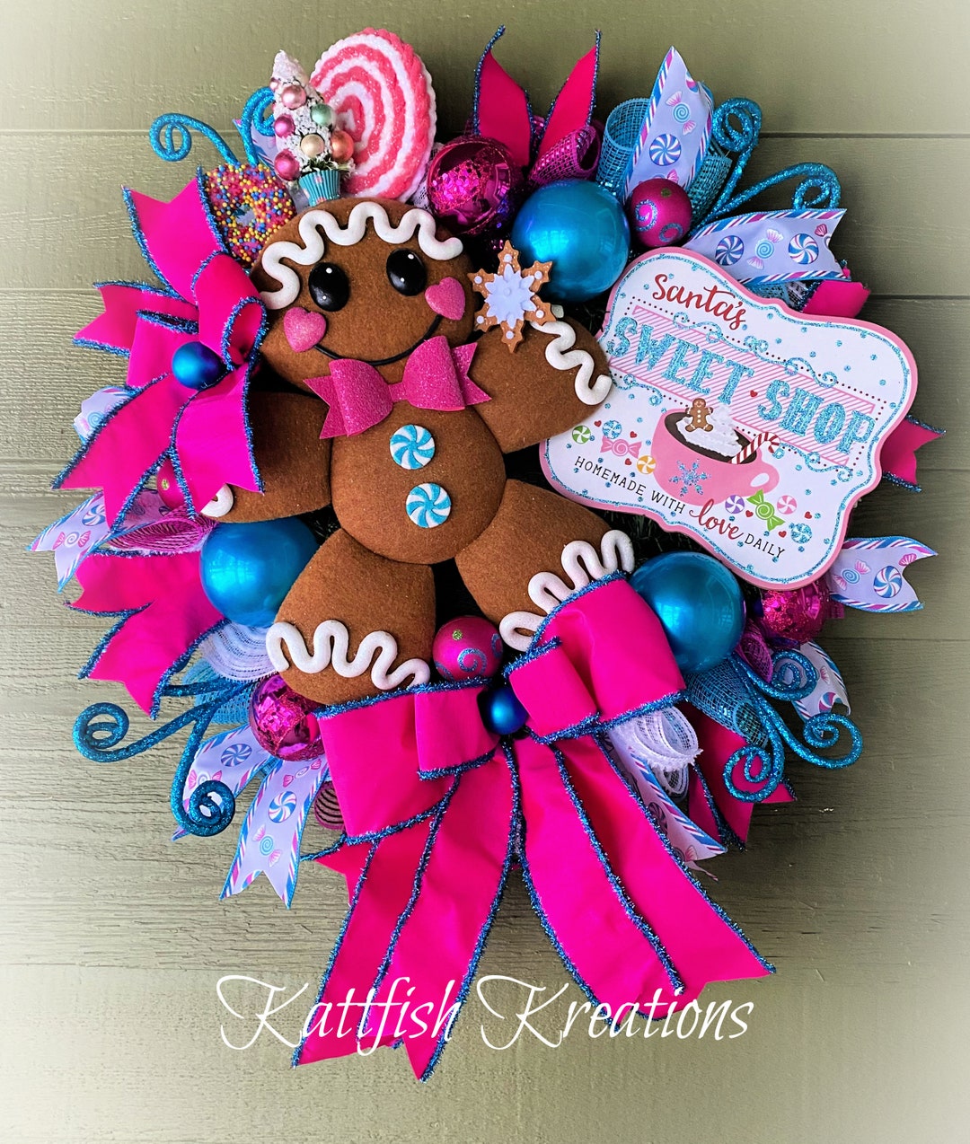 Gingerbread Girl Christmas Wreath: Pink Candy Land Holiday Door Hanger ...