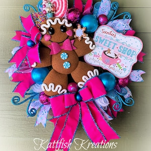 Gingerbread Girl Christmas Holiday Wreath for Front Door, Christmas Door Hanger, Candy Land Wreath, Pink Christmas Decor, Kattfish Kreations