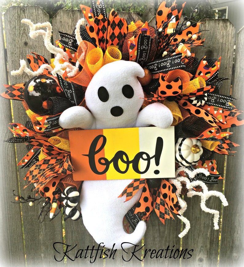Orange and Black Halloween Ghost Halloween Wreath Halloween Wreath Pumpkin Halloween Plush Ghost Wreath Boo Wreath Candy Corn Wreath