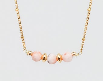 Collier en acier inoxydable et pierres naturelles en  jaspe rose zébré, doré ou argenté,  pierres naturelles 6mm