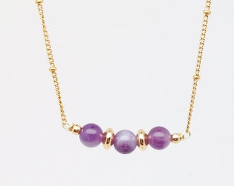 Necklace in stainless steel and natural stones in Amethyst, gold or silver, natural stones 6mm