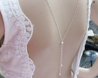 Collier de dos pour mariage en argent massif  et perles en verre nacré, collier de mariée avec bijou de dos