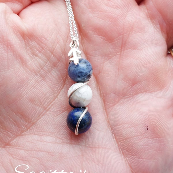 Pendentif Sagittaire en argent et pierres naturelles, collier Zodiaque, signe astrologique, Lapis lazuli, Howlite et Sodalite