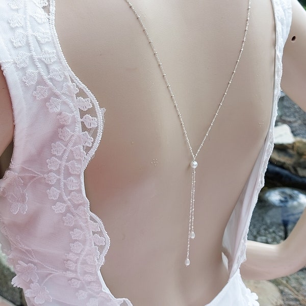 Collier de dos pour mariage en argent massif  et perles en verre nacré, collier de mariée avec bijou de dos