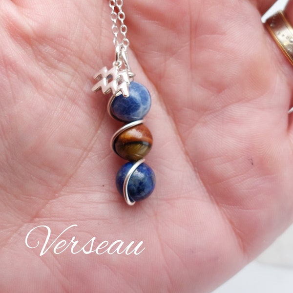 Aquarius pendant in silver and natural stones, Zodiac necklace, astrological sign, Lapis lazuli, Tiger's eye and Sodalite