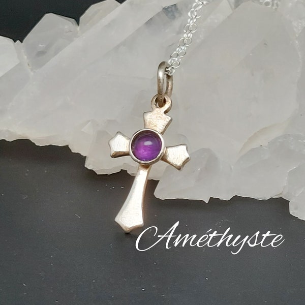 Pendentif Croix en argent massif et Améthyste - Fait main avec Amour - Anti stress - Pierre naturelle - Sterling silver