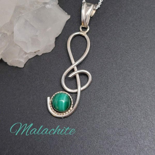 Pendentif Clé de sol en Malachite et Argent massif - Collier-pierres naturelles,  cadeau Noël Anti douleur musique