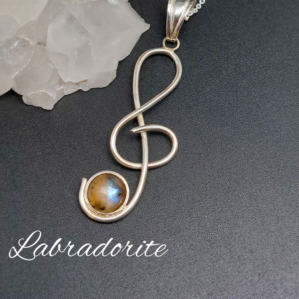 Pendentif Clé de sol en Labradorite et Argent massif - Collier-pierres naturelles,  cadeau Noël Protection musique