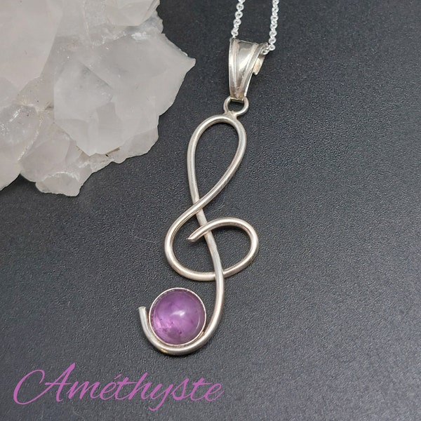 Pendentif  Clé de sol en Améthyste Argent massif - Collier-pierres naturelles,  cadeau Noël anti stress musique