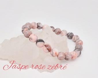 Bracelet in natural Zebra pink jasper 8mm- Mixed bracelet - Elastic bracelet - Fine stones bracelet - Lithotherapie Love, protection