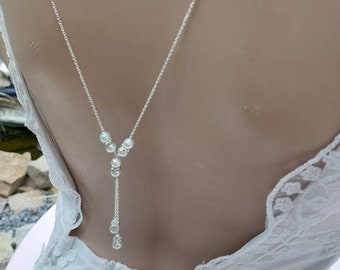 Back necklace for wedding pearly glass beads and rhinestone washers, bridal necklace with back jewel, silver plated brass