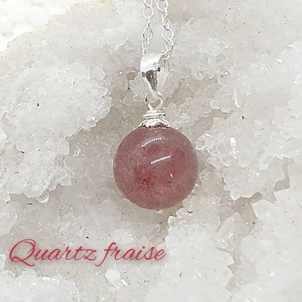 Collier Quartz fraise - Pierre naturelle - pendentif en pierre- chaîne en argent - Lithotherapie- Amour, réconfort, douceur