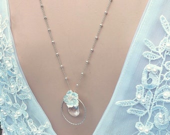 Back necklace for wedding in solid silver, mother-of-pearl flowers and rose quartz, bridal necklace with back jewel