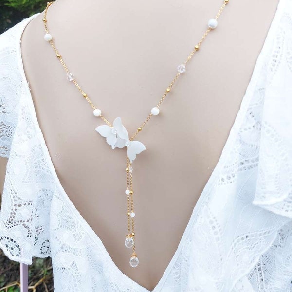 Collier de dos pour mariage Papillon de soie, perles de nacre et toupies et gouttes cristal ~ collier de mariée bijou de dos, bijou délicat