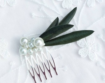 Wedding hairstyle - Small hair comb with olive leaves and glass beads, bridal wedding - Ivory or white - Gold or Silver -