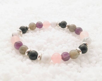 Bracelet in stones "Management of hypersensitivity" labradorite, amethyst, pink quartz, howlite, Onyx, well-being, Lithotherapy