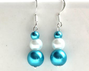 Boucles d'oreilles pour mariée - boucles d'oreilles mariage - perles de verre Turquoise blanc - Argent 925