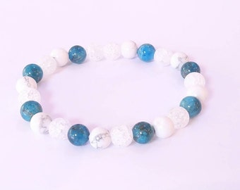 Bracelet en pierres naturelles Apatite, Howlite, Cristal de roche, lacher prise, sérénité, perte de poids, bien être, Lithotherapie