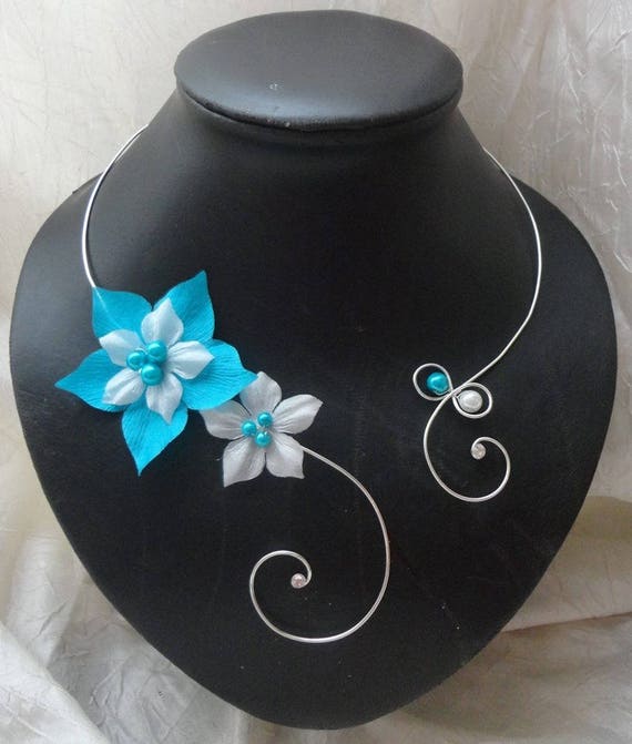 Collier Fantaisie Perles Turquoise Et Gris - Pour Mariage, Soirée, Pas Cher